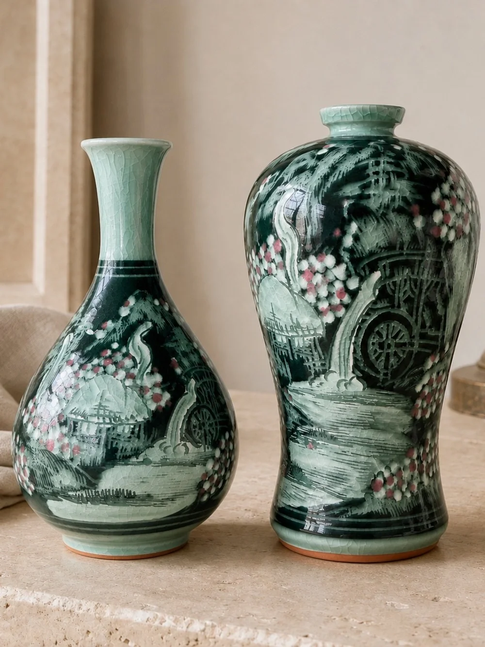 Vintage Korean Haegwang Celadon Sanggam Vase Pair w/ Certificate